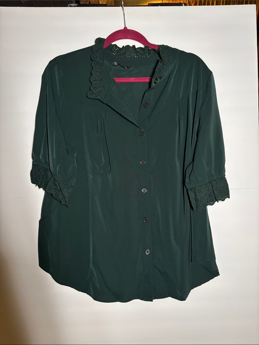 BloomChic Dark Green Lace-Trim Button Down Shirt